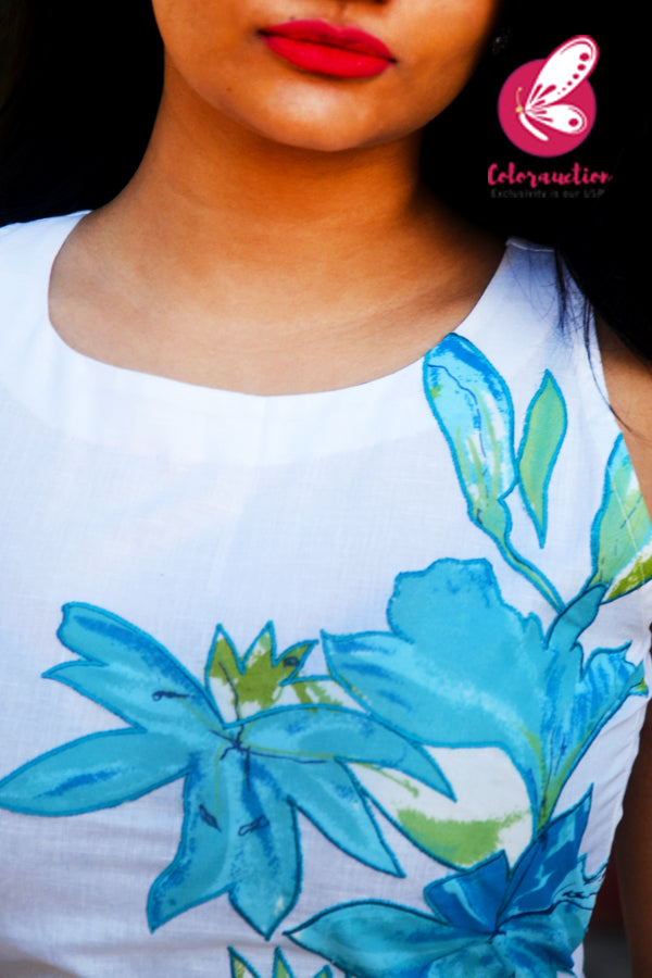 White Pure Linen Applique Work Kurti with Blue Cotton Silk Stripe Pants Kurti Set
