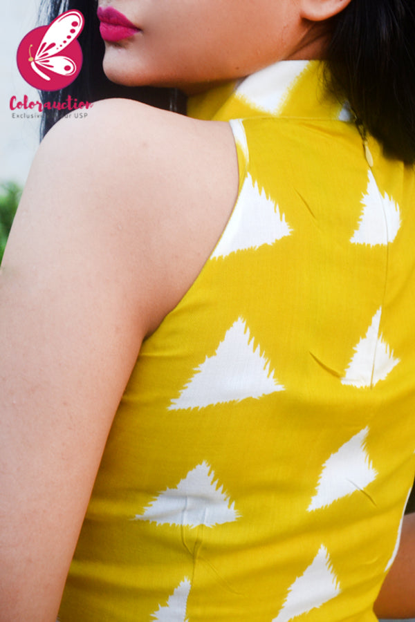 Yellow Printed Rayon Sleeveless Asymmetric Kurti Set