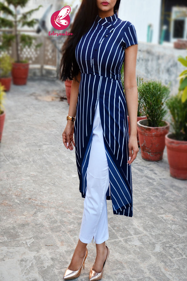 Navy Blue Stripes Front Slit Kurti with White Cotton Silk Pants