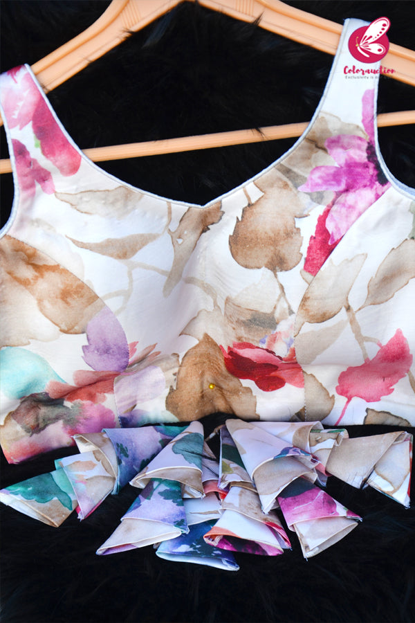 Off White Multicoloured Printed Satin Tassels Backless Padded Blouse