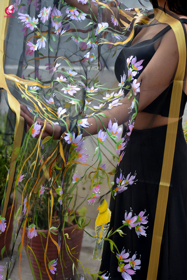 Black Organza Floral Birds Handpainted Stole
