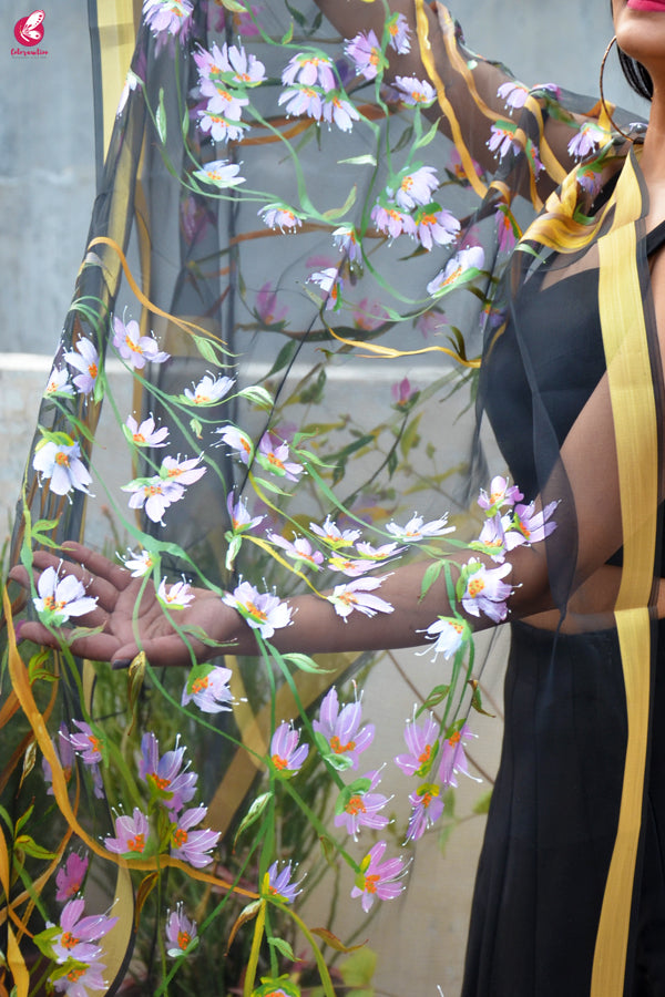 Black Organza Floral Birds Handpainted Stole