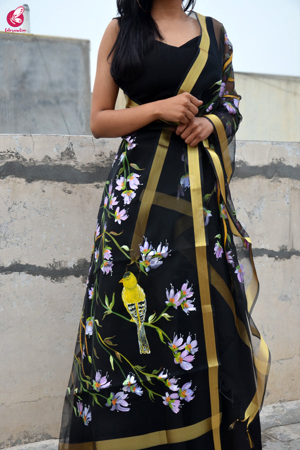 Black Organza Floral Birds Handpainted Stole