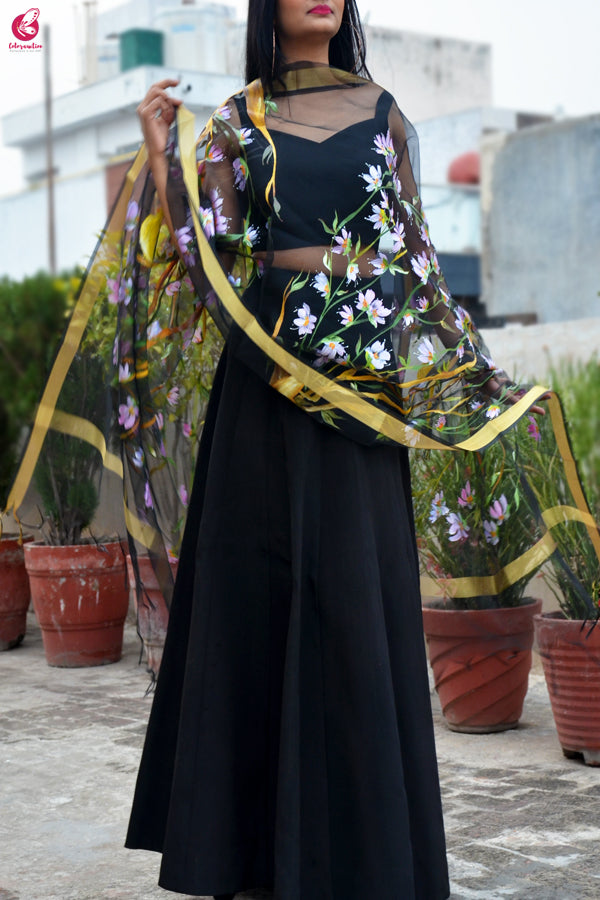 Black Organza Floral Birds Handpainted Stole