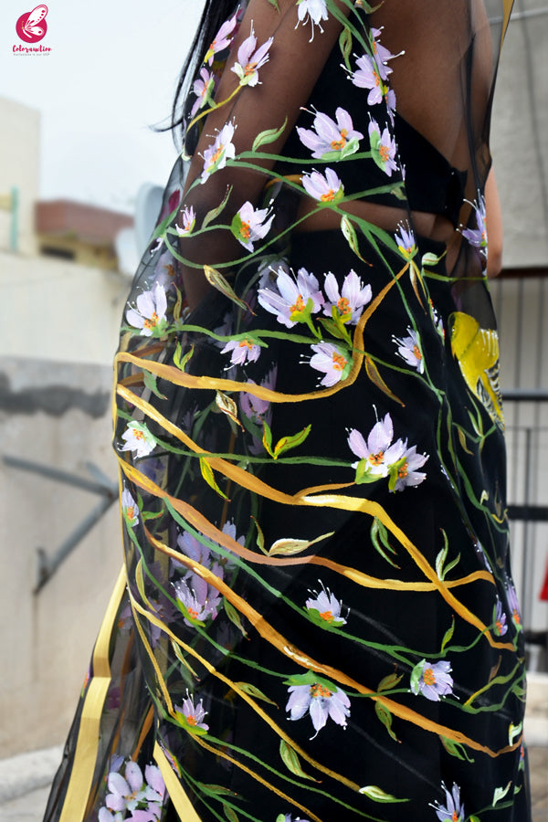Black Organza Floral Birds Handpainted Stole