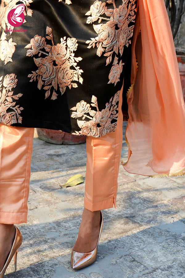 Multicoloured Brocade Embroidered Peach Brocade Padded Kurti with Shantoon Pants and Chinnon Lace Stole