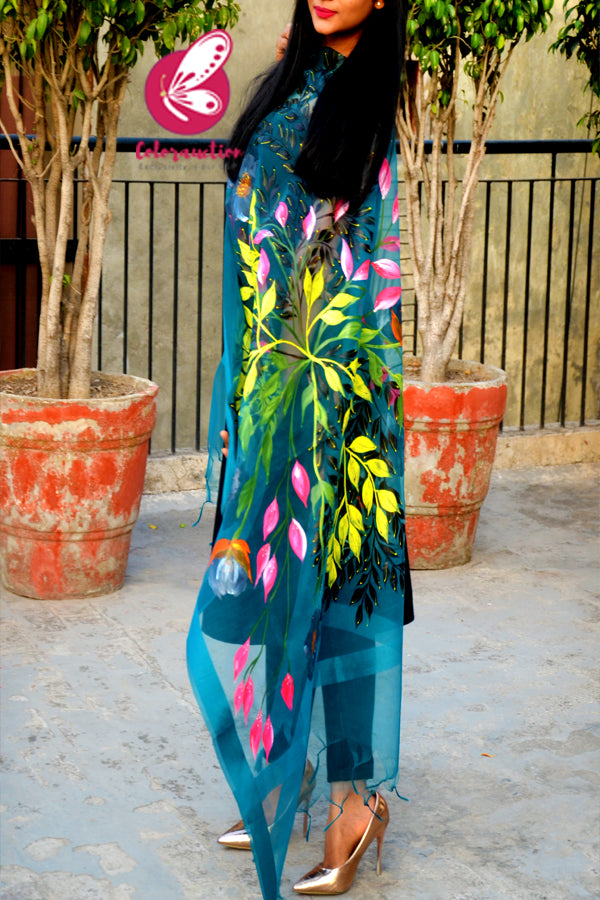 Teal Green Organza Handpainted Multicoloured Floral Stole