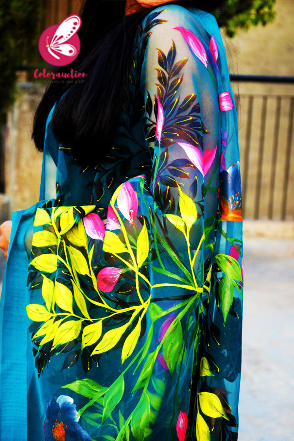 Teal Green Organza Handpainted Multicoloured Floral Stole