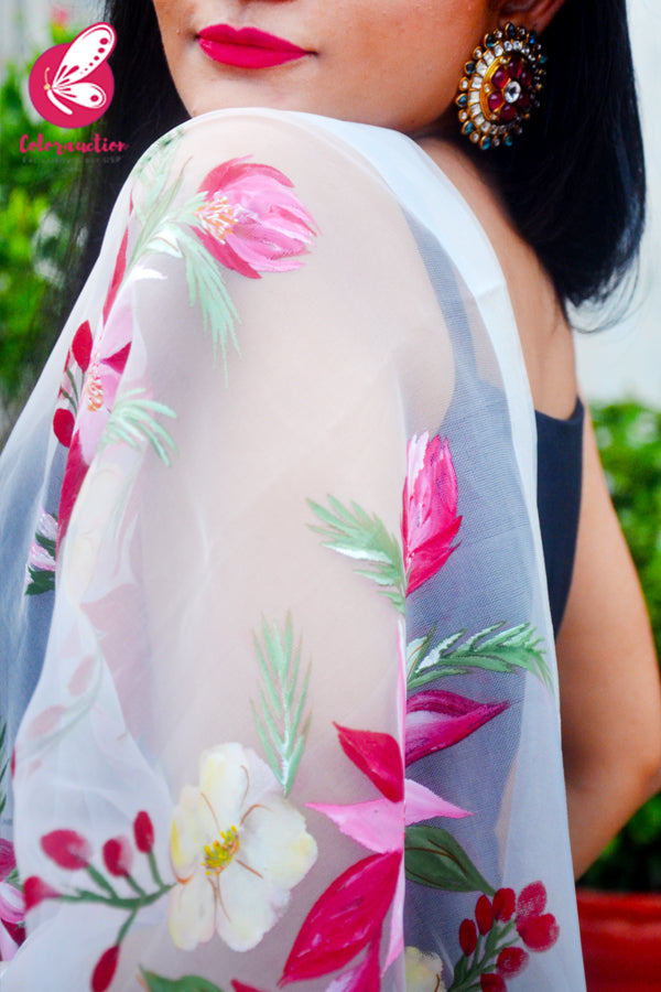 White Pure Organza Handpainted Multicoloured Floral Stole