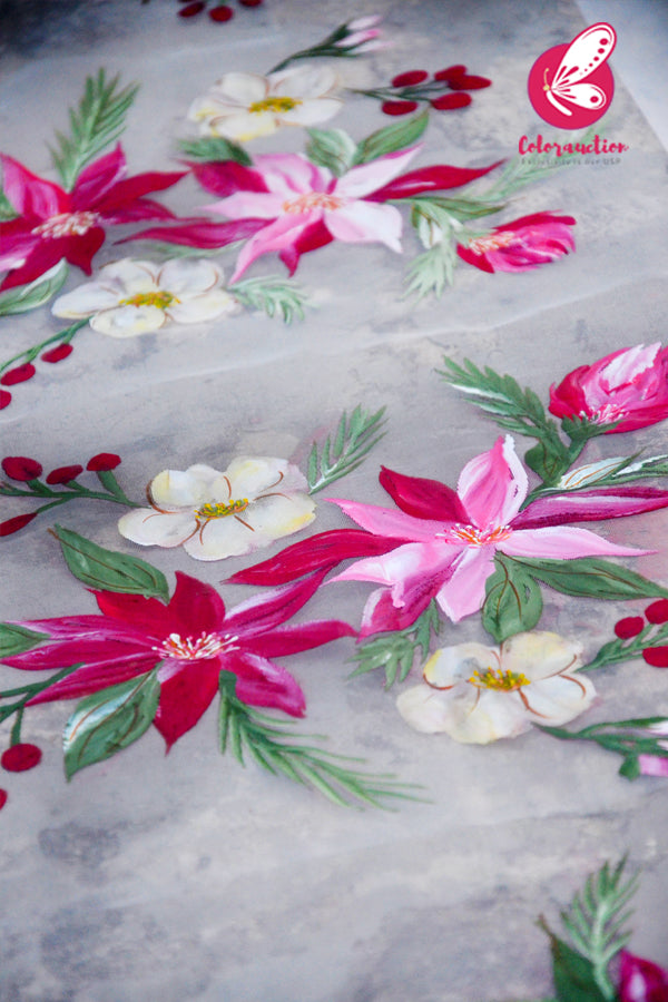 White Pure Organza Handpainted Multicoloured Floral Stole