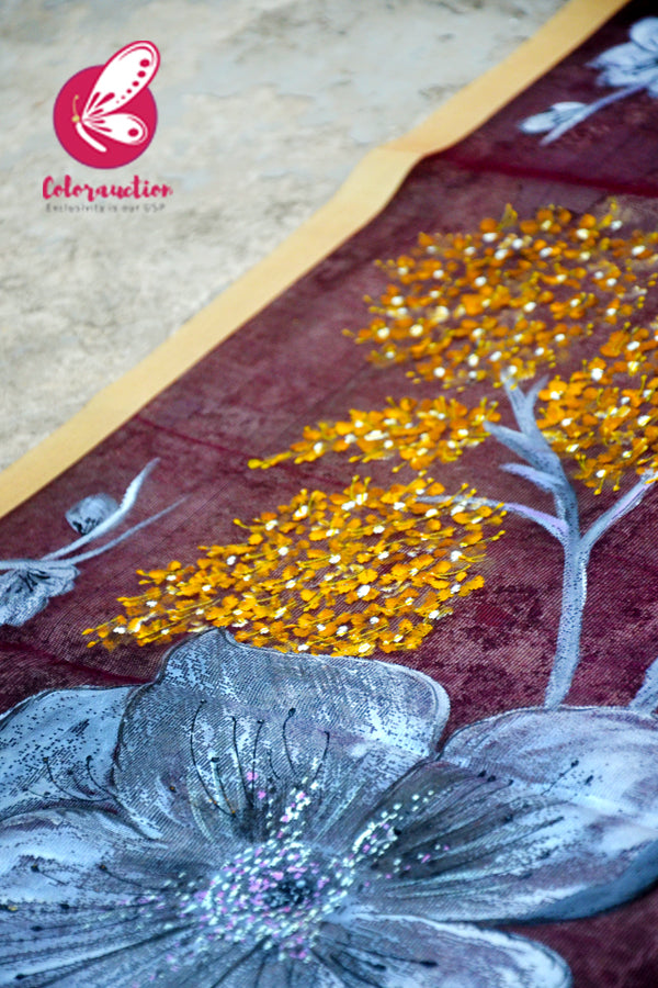 Wine Organza Silver Yellow Florwers Hand painted Stole