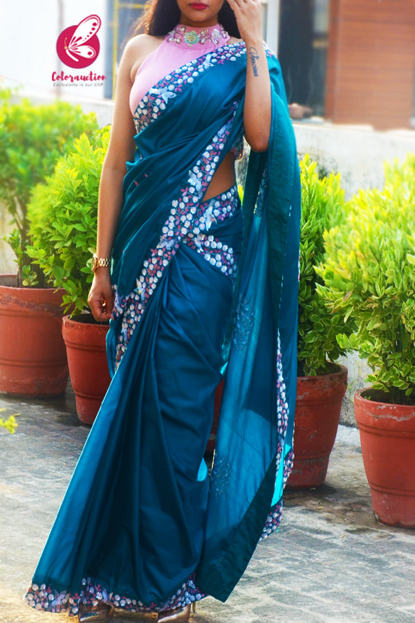 Teal Pure Silk Pearl Sequins Handwork Saree