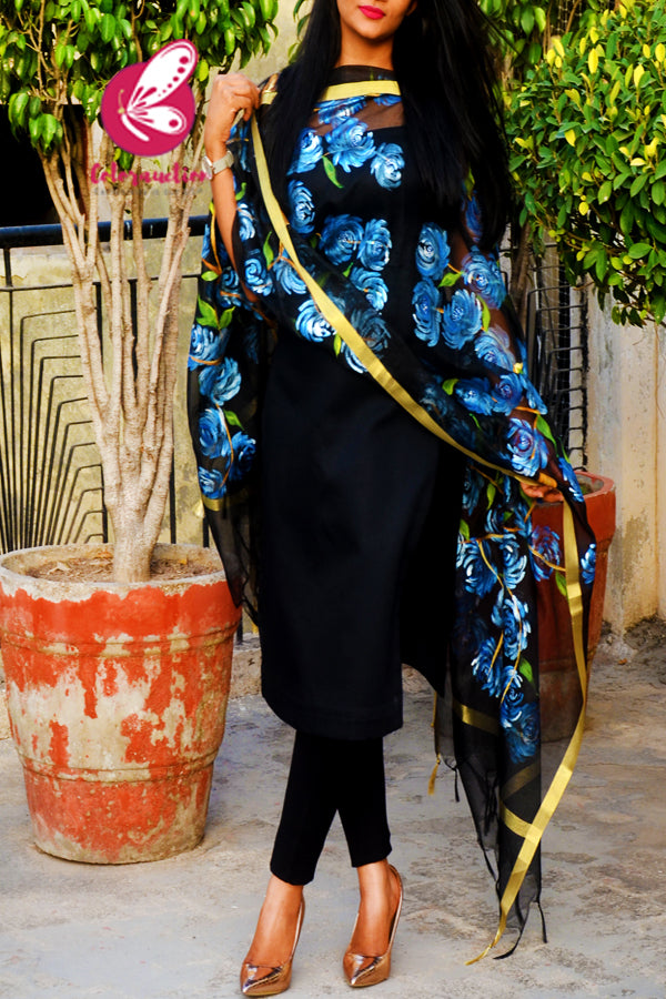 Black Pure Organza Blue Roses Floral Hand painted Stole