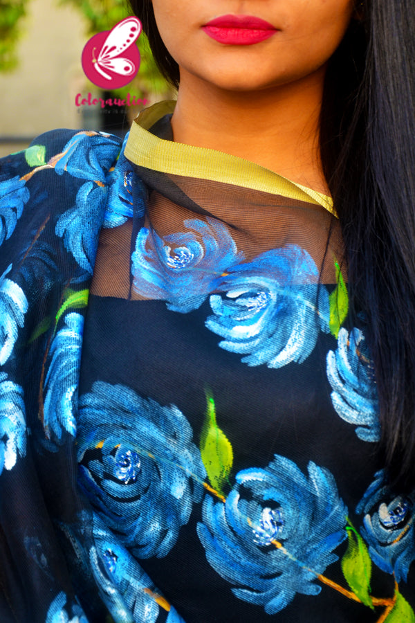 Black Pure Organza Blue Roses Floral Hand painted Stole