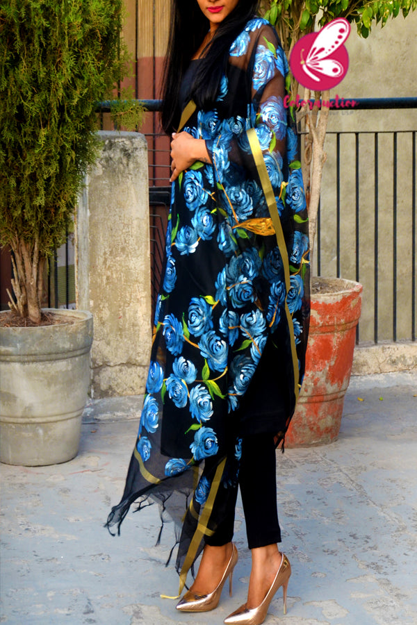 Black Pure Organza Blue Roses Floral Hand painted Stole