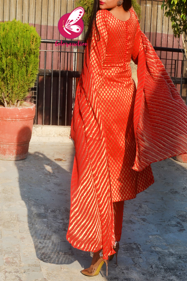 Red Brocade Silk Padded Kurti with Red Brocade Lehriya Silk Pants and Red Lehriya Dupatta