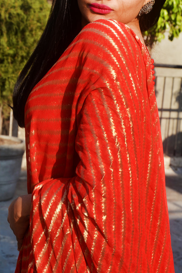 Red Brocade Silk Padded Kurti with Red Brocade Lehriya Silk Pants and Red Lehriya Dupatta