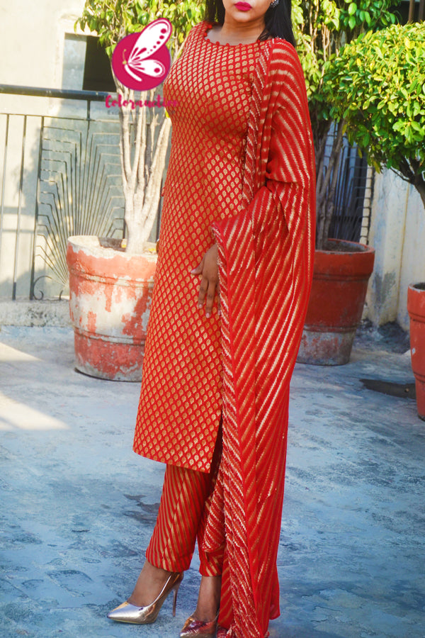 Red Brocade Silk Padded Kurti with Red Brocade Lehriya Silk Pants and Red Lehriya Dupatta