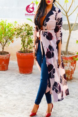 Peach Printed Georgette Open Front Long Shrug