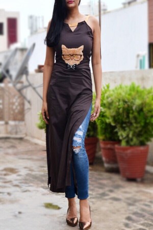 Brown Viscose Cat Patch Straight Kurti