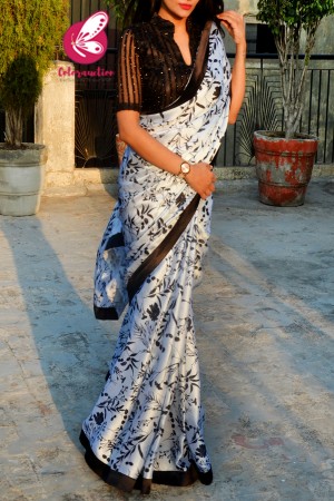 Black & White Printed Satin Black Satin Taping Saree