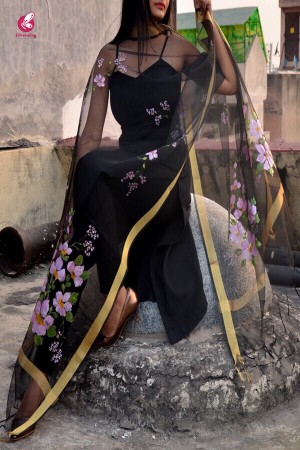 Black Organza Handpainted Floral stole