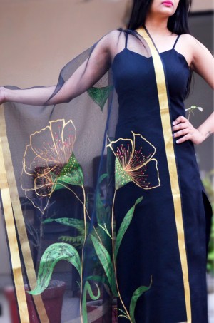 Black organza 3D Floral Handpainted Stole
