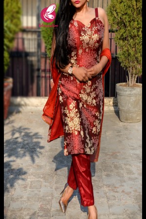 Rust Brocade Kurti With Rust Shantoon Pants and Rust Chinnon Lace Stole