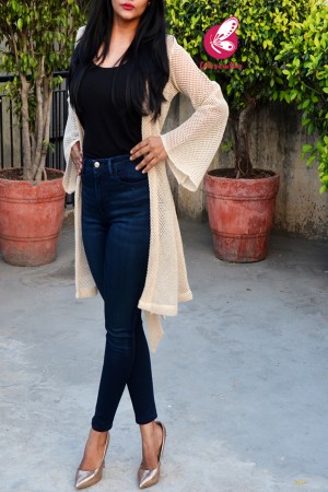 Cream Crochet Quarter Sleeves Short Shrug