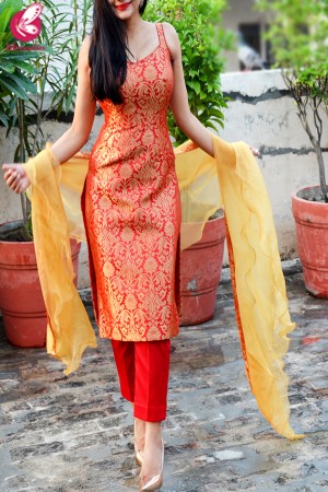 Red Golden Brocade Padded Kurti with Red Cotton Silk Pants and Golden Organza Ruffle Dupatta