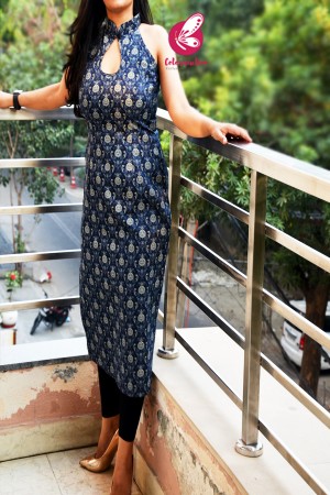 Blue Printed Sleeveless Cotton Silk Kurti