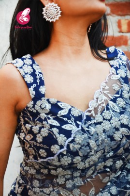 Blue & White Embroidered Scallop Net Satin Half & Half Saree