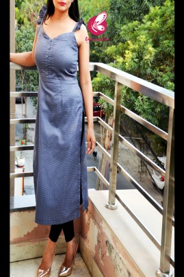 Blue Honeybee Comb Strappy Cotton Silk Straight Fit Kurti