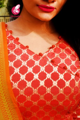 Rust Orange Golden Chanderi Kurti with Rust Silk Pants & Banarasi Dupatta Kurti Set