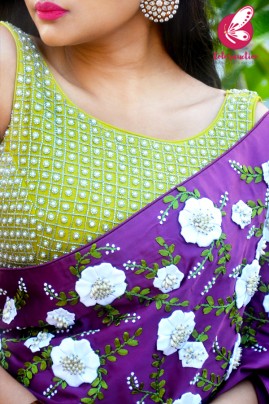 Plum Pure Satin Floral Ribbon Handwork Saree