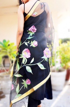 Black Organza Floral Hand Painted Stole
