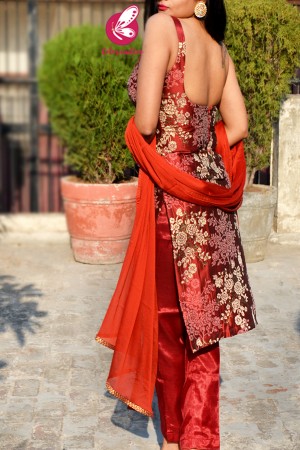 Rust Brocade Kurti With Rust Shantoon Pants and Rust Chinnon Lace Stole