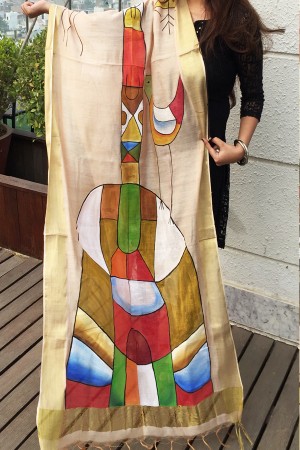 Cream Chanderi Modern Art Hand-painted Stole