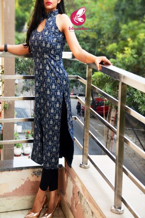 Blue Printed Sleeveless Cotton Silk Kurti