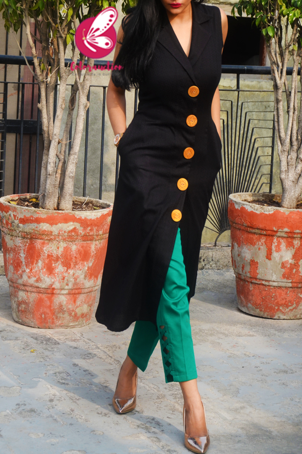 Buy Black Dobby Sleeveless Kurti with 